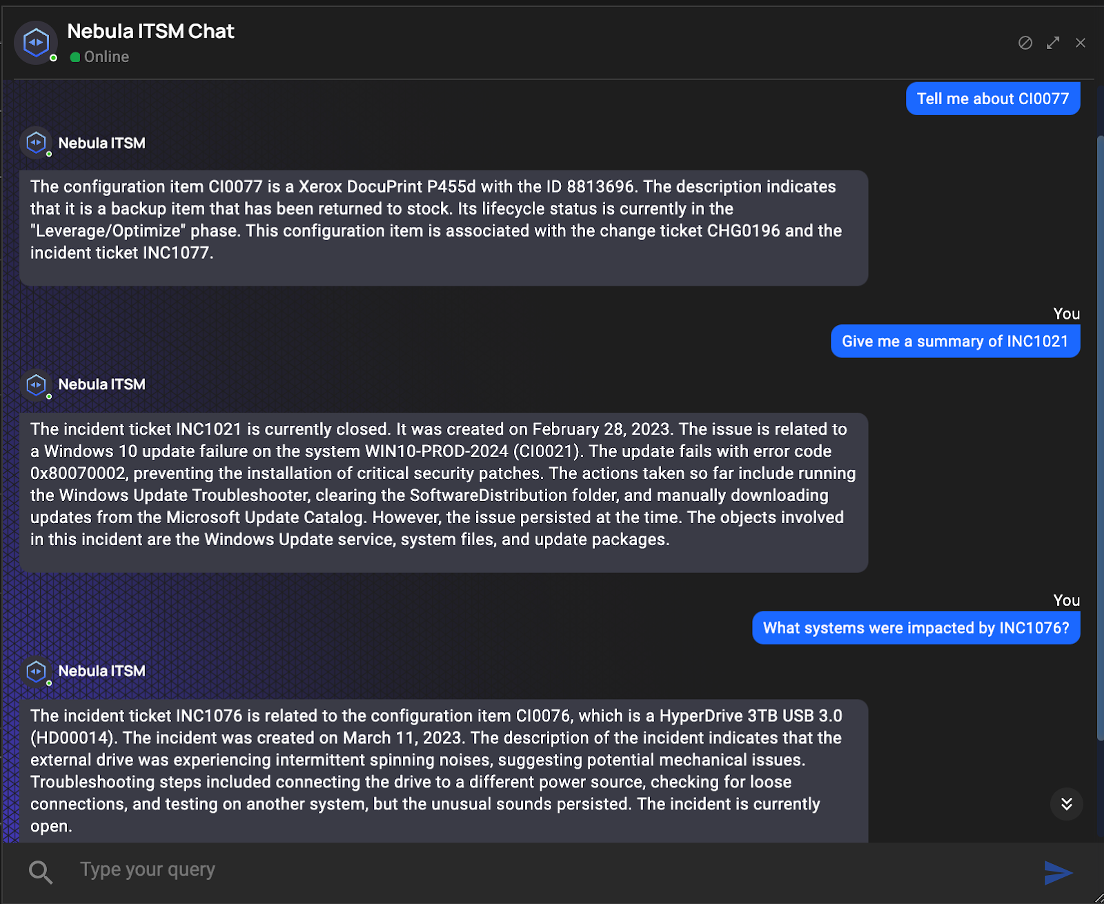 A view of the AI Agent within Accrete’s Nebula ITSM platform summarizing key information surrounding a particular Configuration Item (CI), information detailing an IT incident and information around an incident’s root cause analysis.