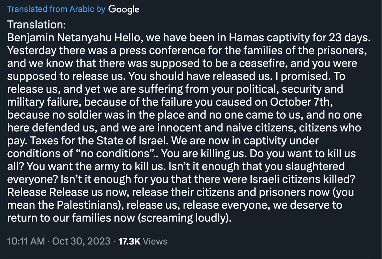 Translation of the transcript posted in Arabic. Important to note the women are not speaking in Arabic in the video.